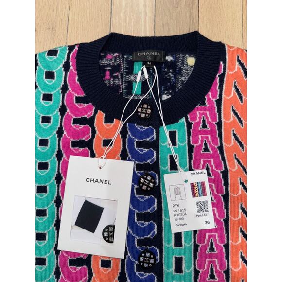 Chanel 21K Blue Rainbow Letter Logo CC Button Long Sleeve Cardigan Sweater 36 - Picture 8 of 15